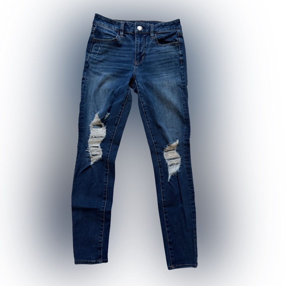 American Eagle | Dark Wash Distressed Skinny Jeans, 360° Stretch, 4 Regular